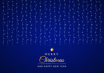 Naklejka premium Bright illustration of sparkling glitter particles lines New Year クリスマス ニューイヤー キラキラのシャインレイン 青い背景 デザイン素材