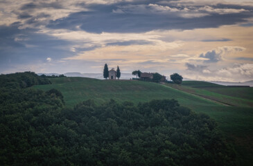 San Quirico d'Orcia, Italy - September 2022: Chapel of Our Lady of Vitaleta, San Quirico d'Orcia at the Sun Coach is one of the most visited places in Tuscany by tourists.