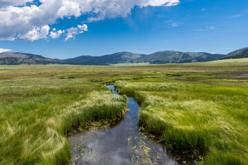 Idyllic landscape of a stream flowing through a grassy meadow under a dramatic sky in the Valles...