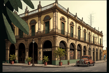 Fototapeta premium Colonial style old building in the heart of Guadalajara, Mexico. Generative AI