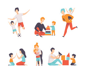 Fototapeta na wymiar Mom and Dad with Their Son Playing Football, Toy Block, Embracing and Clapping Hands Spending Good Time Together Vector Set