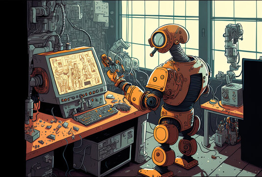 In a factory, engineers employ cybernated robotic software to manage an industrial robot arm. Generative AI