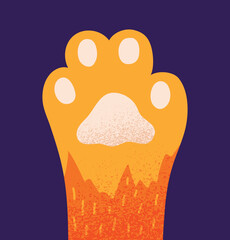Cats paw concept. Footprint of brightly colored kitten, fire. Reaction for messengers and stickers. Communication and interaction on Internet. Fashion and trend. Cartoon flat vector illustration