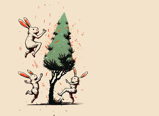 Funny white hares jumping around the pine. Vector. Generative AI