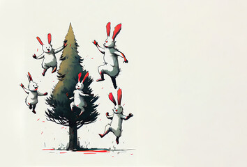 Obraz premium Funny white hares jumping around the pine. Vector. Generative AI