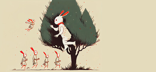 Funny white hares jumping around the pine. Vector. Generative AI