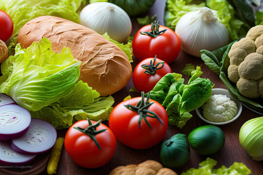  photography of a variety of vegetables are arranged on a table top with bread and other food items around them - Vegetables  - AI Generated