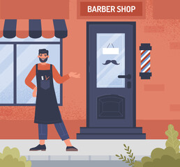 Barbershop business concept. Young person invites people to cut and shave his beard. Style and luxury, aesthetics and elegance. Small business owner outdoor. Cartoon flat vector illustration