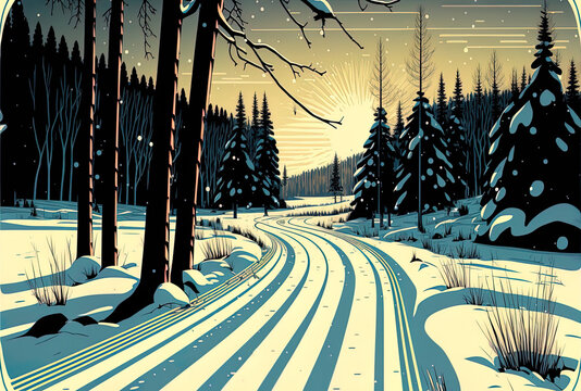 Cross country ski trails on a snowy winter landscape. Generative AI