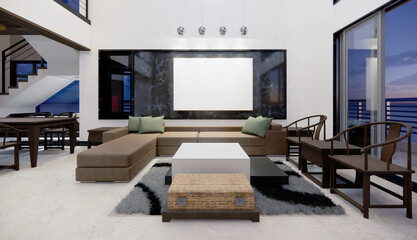 3D render interior cozy living room modern house