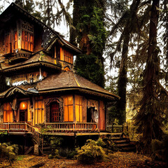 Magic house in the forest. Wooden castle. Generative AI Art.