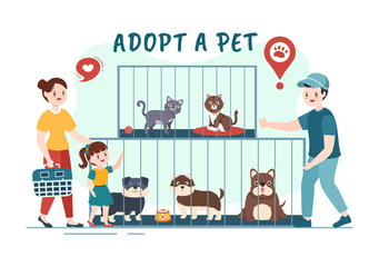 Adopt a Pet From an Animal Shelter in the Form of Cats or Dogs to Care for and Look After in Flat Cartoon Hand Drawn Templates Illustration