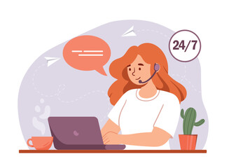 Online technical support. Woman in headphones sits at laptop. Young girl answering customer questions, consultation and remote assistant. Poster or banner for website. Cartoon flat vector illustration