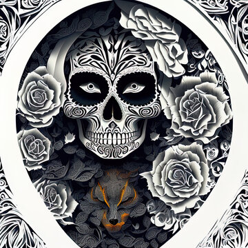 Papercut illustration of A dia de los muertos themed surrealist skull girl art 