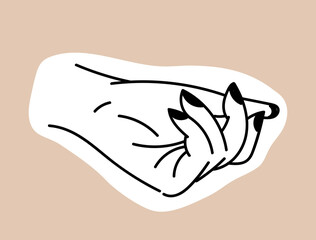 Female hand icon. Wrist and painted black nails, aesthetics and elegance, beauty. Symbol of tenderness and care. Sticker for social networks and instant messengers. Cartoon flat vector illustration