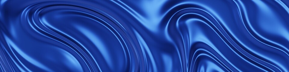 Wide silk blue wavy banner background with glossy finish. 3D Rendering.