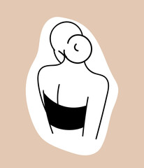 Female back icon. Young girl standing with her back in black top. Model for fashion stores, trend and style. Aesthetics and elegance. Poster or banner for website. Cartoon flat vector illustration