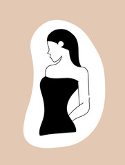 Female body icon. Young girl in black dress holds hands behind back and looks away. Stylish and minimalistic woman silhouette. Graphic element for printing on fabric. Cartoon flat vector illustration
