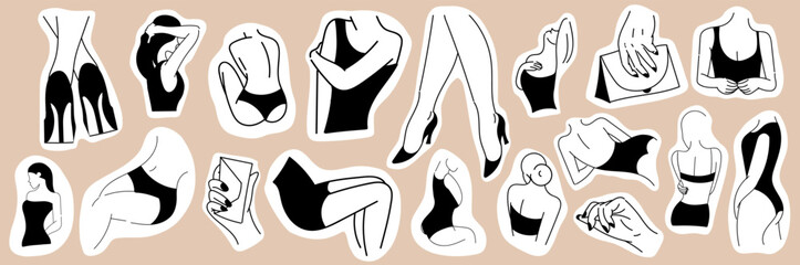 Female body stickers set. Collection of graphic elements for website. Aesthetics, elegance and beauty. Fashion and trendy girls. Cartoon flat vector illustrations isolated on beige background