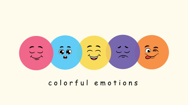 Naklejki Colorful emotions set. Collection of graphic elements for website, poster or banner. Positivity and optimism, emoji for social networks and instant messengers. Cartoon flat vector illustration