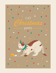 Christmas cat with drink. Kitten in hat drinks from glass of milk and chicken leg. Party and event, confetti and decor. Graphic element for printing on fabric. Cartoon flat vector illustration