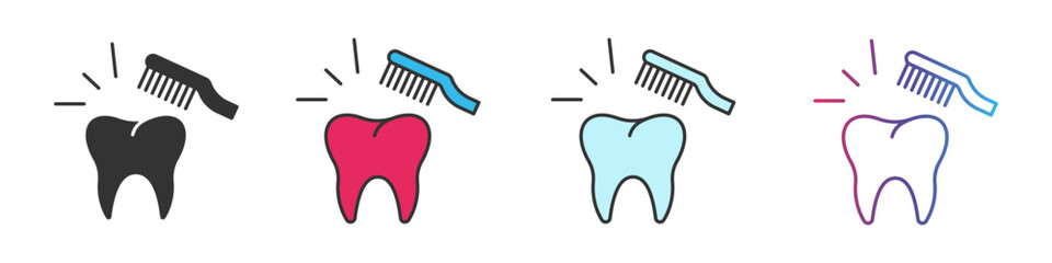 Toothbrush and toothpaste different style icons set. Outline and filled vector sign.