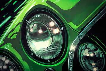 a close up vertical image of a green car's headlights. Generative AI