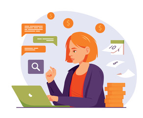 Budget planning concept. Young girl with laptop sits and evaluates companys income and expenses. Financial literacy and economics. Poster or banner for website. Cartoon flat vector illustration