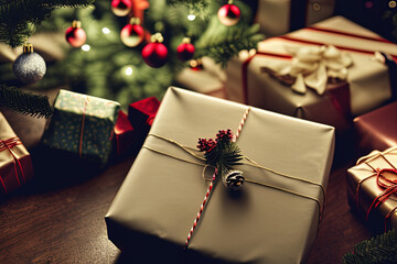 photography of a wrapped present box with twine of twine on top of it next to a christmas tree and a lite garland  - AI Generated