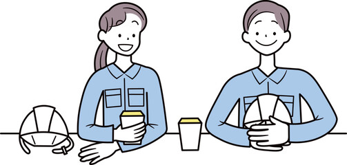 建築現場で働くアジア人の作業員が休憩をしているイラスト素材