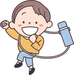 水筒を持って楽しくジャンプをしている男の子のイラスト素材