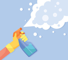 Antibacterial flask in hand. Cleanliness and hygiene, character cleans room or apartment. Design for landing page and advertising poster or banner for website. Cartoon flat vector illustration