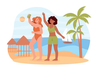 Girls taking selfie. Women on beach in swimsuits with smartphones. Travel and adventure, tourism and holidays in exotic and tropical countries. Poster or banner. Cartoon flat vector illustration