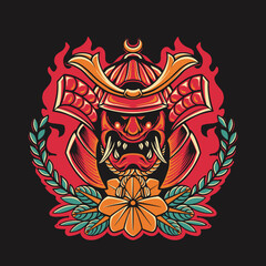 Japanese Samurai With Flower Retro Vector Illustration