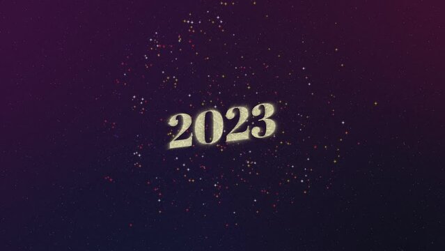 2023 Animated Text Reveal with Sparkling Fireworks Particles Effects On Black Background. Suitable for Celebration, Greetings, Events, Message, Holiday, and Festival.