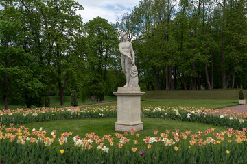 Statue of Young Mars in the Lower Dutch Garden of Gatchina Park on an summer sunny morning, Gatchina, St. Petersburg, Russia