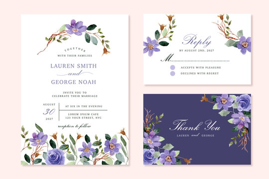 wedding invitation with rustic purple floral watercolor