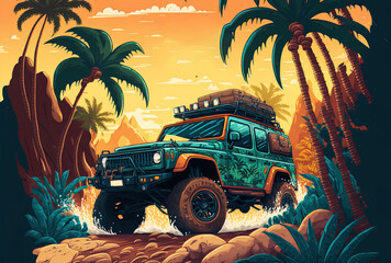 advertising for an off road vehicle. Off road in a tropical area. Generative AI - obrazy, fototapety, plakaty