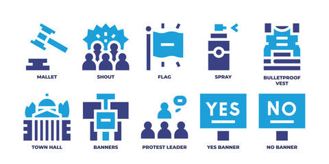 Fototapeta na wymiar Protest icon set. Duotone color. Vector illustration. Containing a mallet icon, shout icon, flag icon, spray icon, bulletproof vest icon, town hall icon, banners icon, Protest leader icon, and other