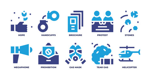 Fototapeta na wymiar Protest icon set. Duotone color. Vector illustration. Containing a hope icon, handcuffs icon, brochure icon, protest icon, stones icon, megaphone icon, prohibition icon, gas mask icon, and other