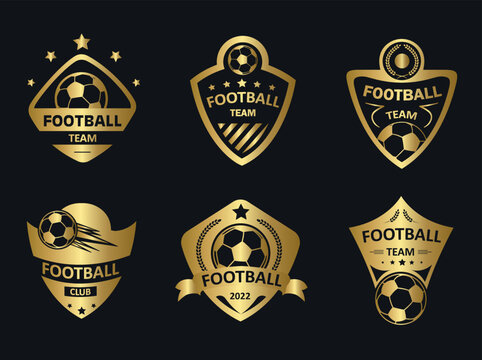 Football badge gold set. Collection of logos and awards for winners in sports competitions. Stickers for social networks and messengers. Cartoon flat vector illustrations isolated on black background