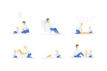 Mom and Dad with Their Son Reading Book, Solving Jigsaw Puzzle, Washing Dog, Playing Jenga and Kitten Spending Good Time Together Vector Set