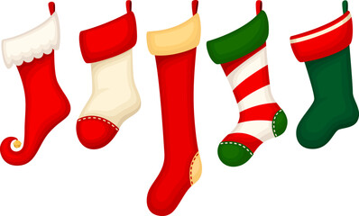 Vector illustration of five hanging Christmas stockings in a variety of colors, shapes and designs.