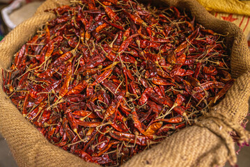 fresh whole dry red chilies stored in bag for sale