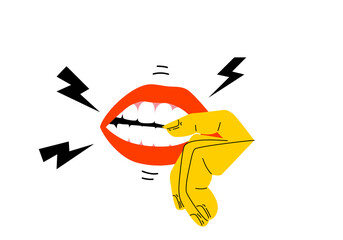 Isolated of mouth with lip and nail biting disorder, Body focused repetitive behaviors (BFRBs) symptom. Flat vector illustration.