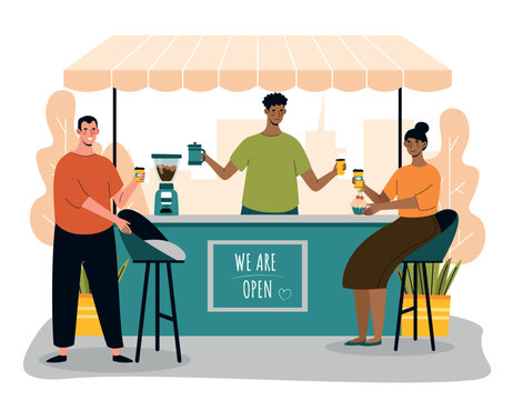 Coffee shop concept. Man and woman buy hot drinks from vendor. Cafe or restaurant, rest after work and study or lunch break. Small business in city metaphor. Cartoon flat vector illustration