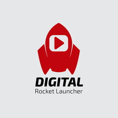 Digital Rocket Launcher Logo. Rocket Flat Vector Template