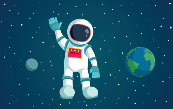 Happy Cartoon Astronaut Travelling in Space Waving Hand. Funny cosmonaut wearing a spacesuit greeting from out space
