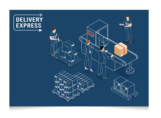 3D isometric Logistics and Delivery services concept with People delivering a box to a customer at home or office. Smart Logistics Business, Export and Import. Vector illustration eps10