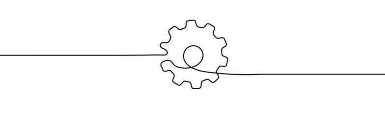 Single gear one line drawing. One continuous line illustration of gear wheel. Moving cog gear. Vector illustration. - obrazy, fototapety, plakaty